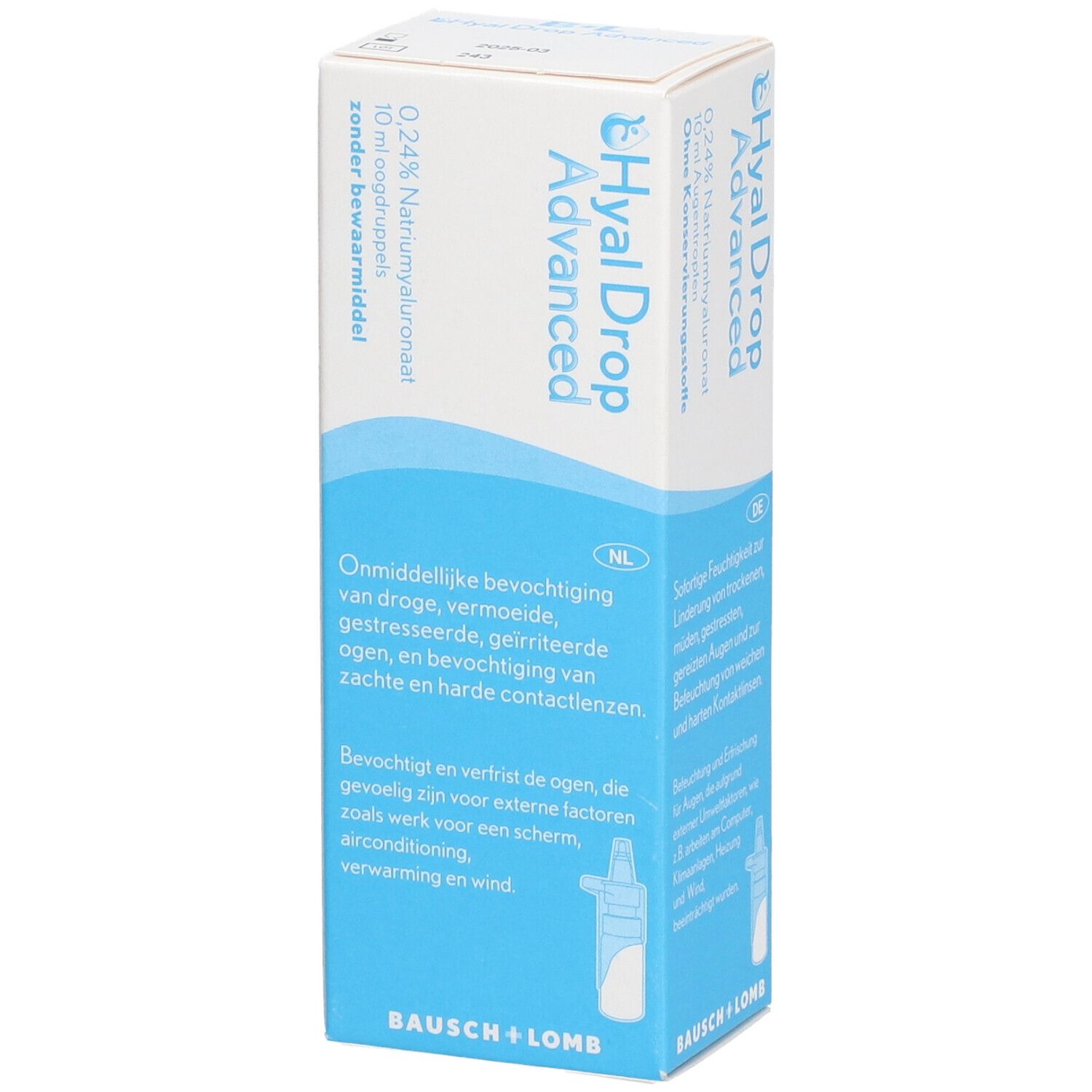 Boîte de Hyal Drop Advanced. Emballage blanc et bleu avec informations produit et logo Bausch + Lomb.