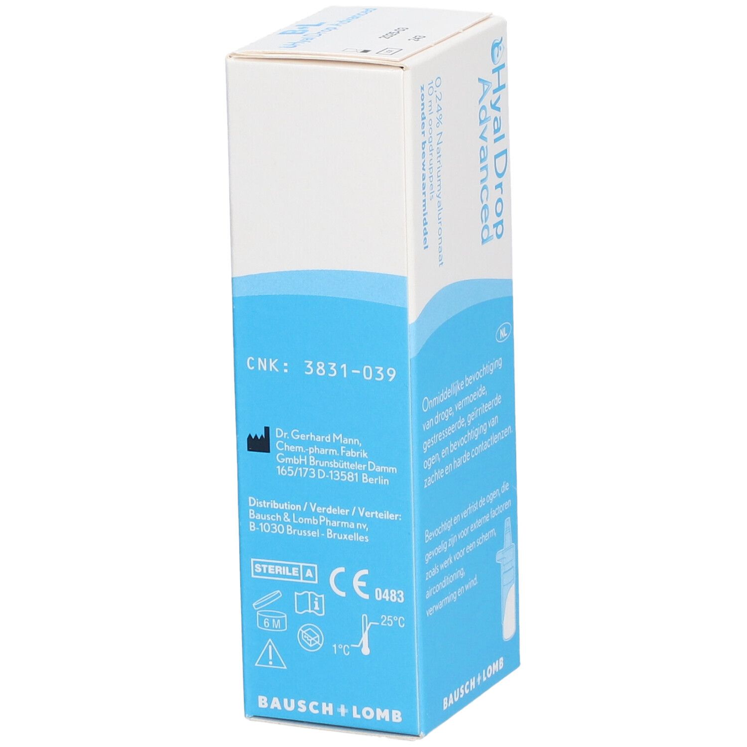 Dos de la boîte de Hyal Drop Advanced. Contient informations, logos et logo Bausch + Lomb.