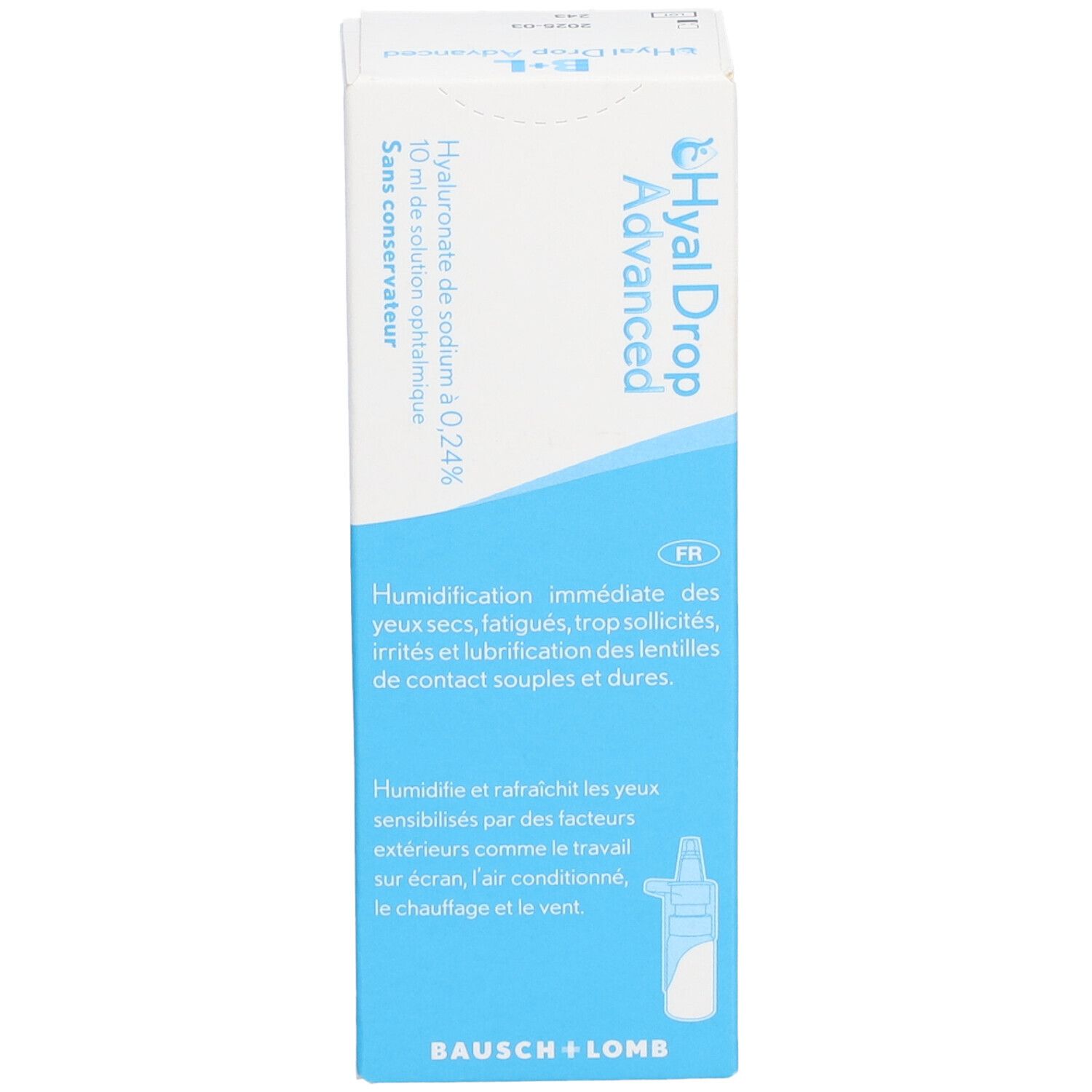 Boîte de Hyal Drop Advanced. Emballage blanc et bleu avec informations produit et logo Bausch + Lomb.