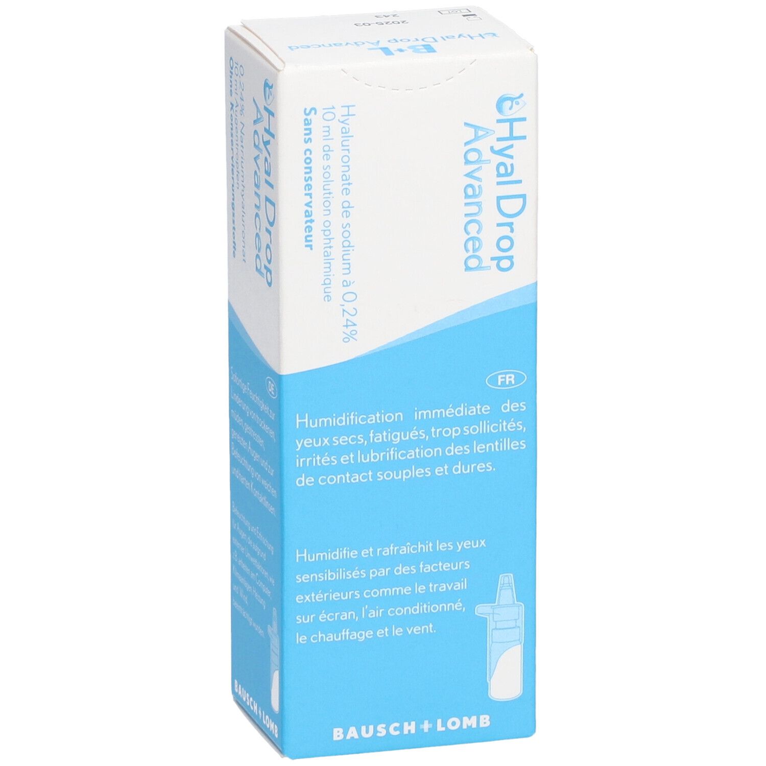 Boîte de Hyal Drop Advanced. Emballage blanc et bleu avec informations produit et logo Bausch + Lomb.