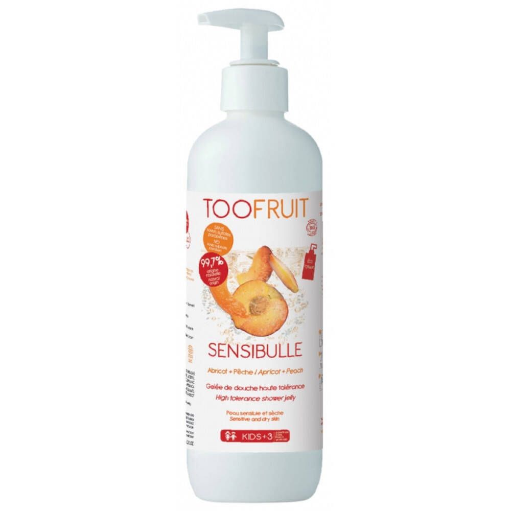 Weiße Flasche mit Spender. Aufdruck: TOOFRUIT, SENSIBULLE, Aprikose/Pfirsich. Geeignet für empfindliche Haut. Mit 99,7% natürlichen Inhaltsstoffen.