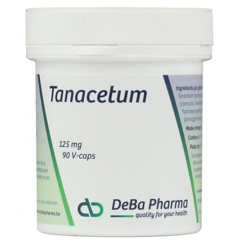 Boîte blanche 'Tanacetum 125 mg 90 V-caps'. Logo DeBa Pharma. Ingrédients et informations sur l'emballage.