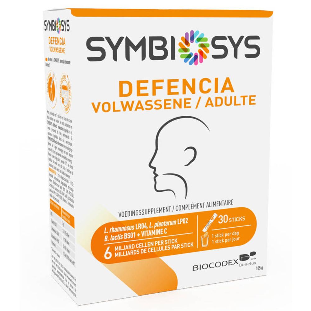 Boîte SYMBIOSYS Defencia pour adultes. Blanc, accents orange. Logo, nom du produit, profil illustré, 30 sticks.