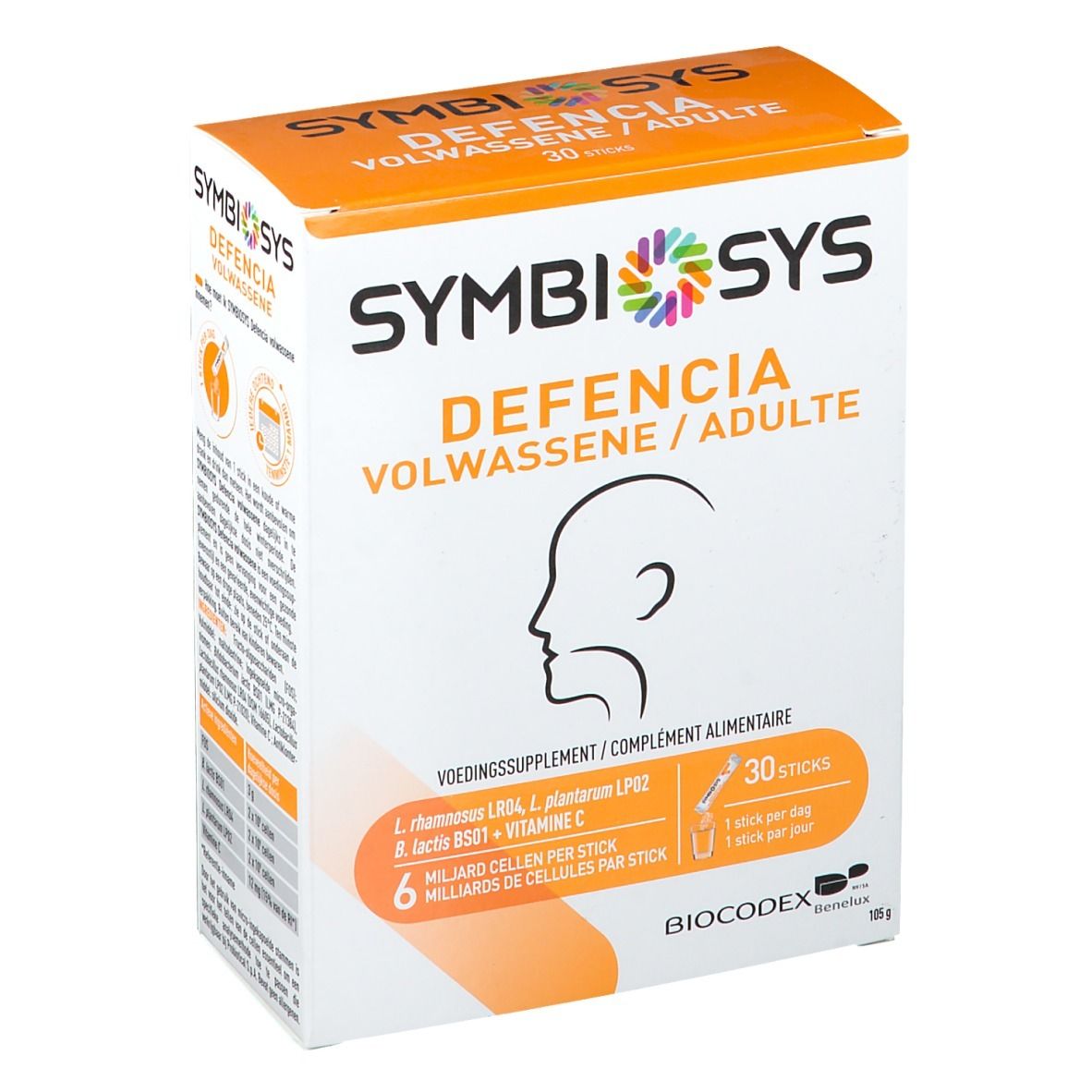 Boîte SYMBIOSYS Defencia pour adultes. Blanc, dessus orange. Logo, nom, profil, 30 sticks.