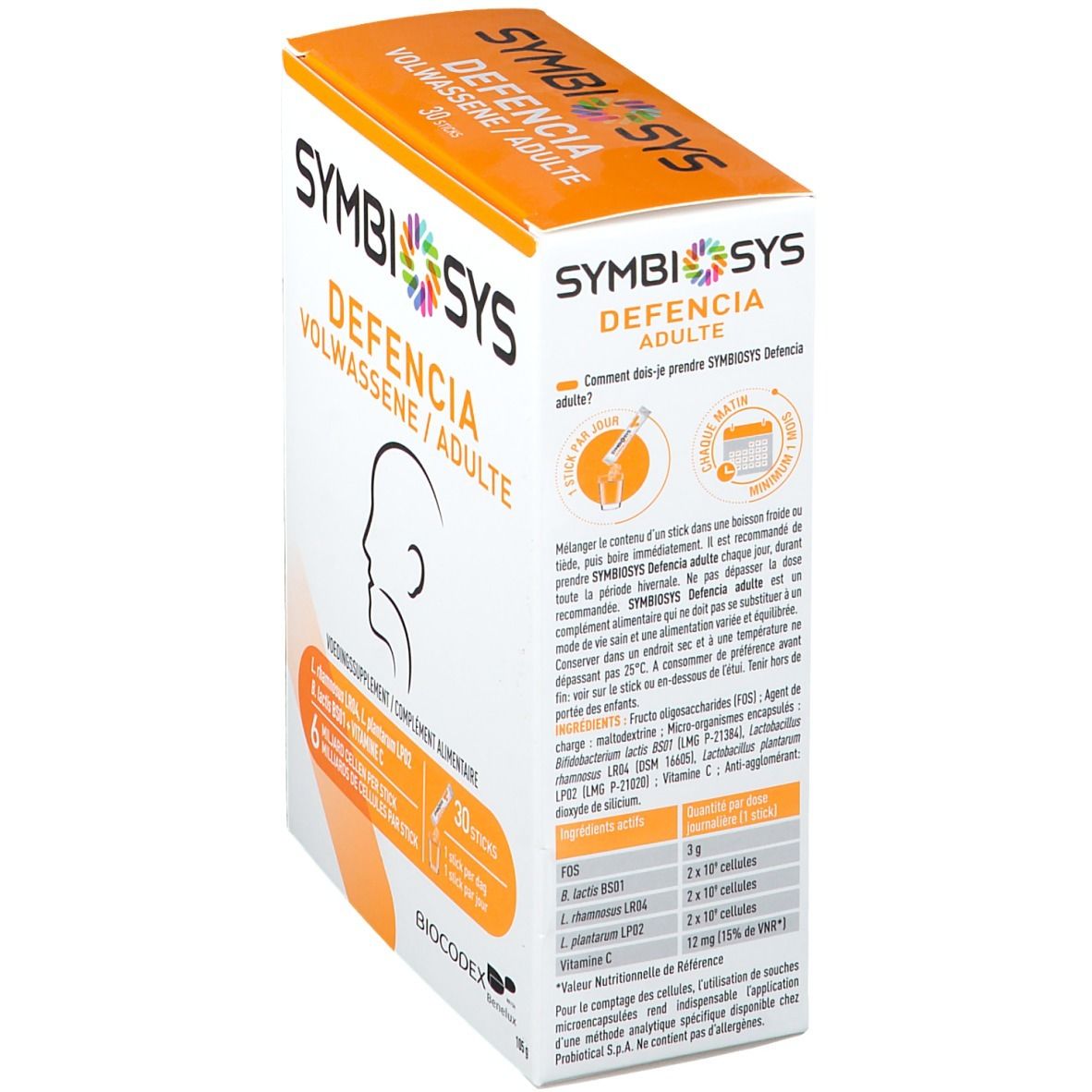 Boîte SYMBIOSYS Defencia pour adultes. Blanc, dessus orange. Logo, nom, profil, 30 sticks. Texte au dos.