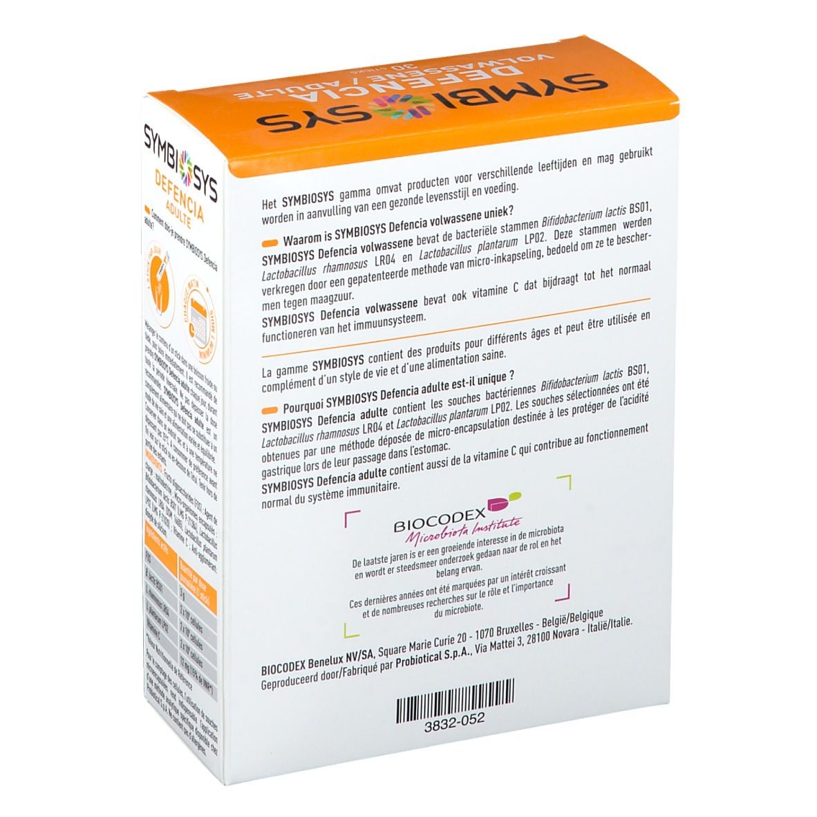 Boîte SYMBIOSYS Defencia pour adultes. Blanc, dessus orange. Logo, nom, profil, 30 sticks. Texte au dos.