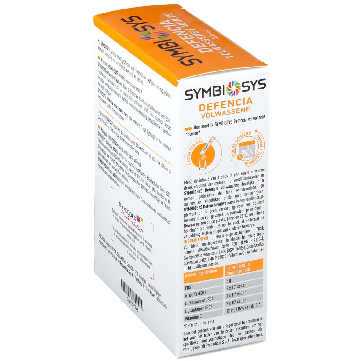 Boîte SYMBIOSYS Defencia pour adultes. Blanc, dessus orange. Logo, nom, profil, 30 sticks. Texte au dos.