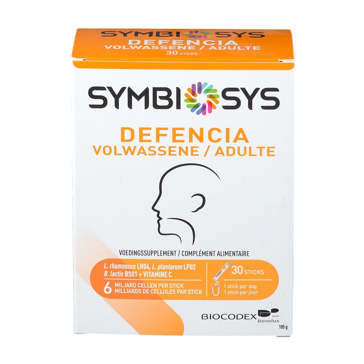 Boîte SYMBIOSYS Defencia pour adultes. Blanc, dessus orange. Logo, nom, profil, 30 sticks. Texte au dos.