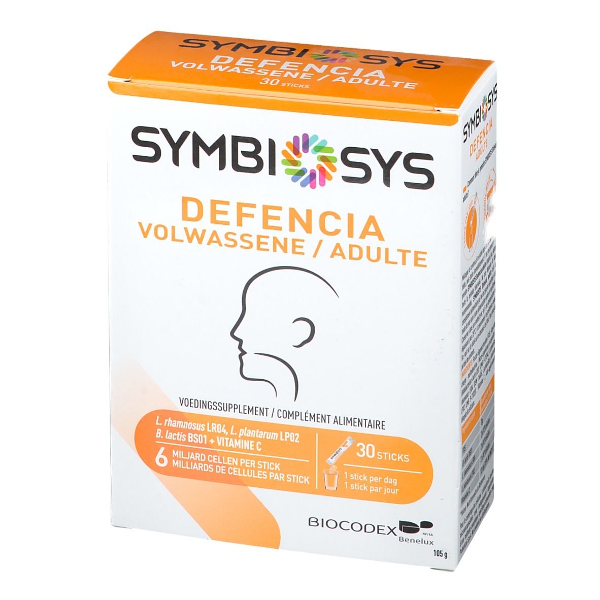 Boîte SYMBIOSYS Defencia pour adultes. Blanc, dessus orange. Logo, nom, profil, 30 sticks.