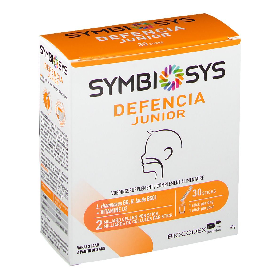 Boîte SYMBIOSYS Defencia Junior. Emballage orange et blanc avec nom du produit et informations. Contient 30 sticks.