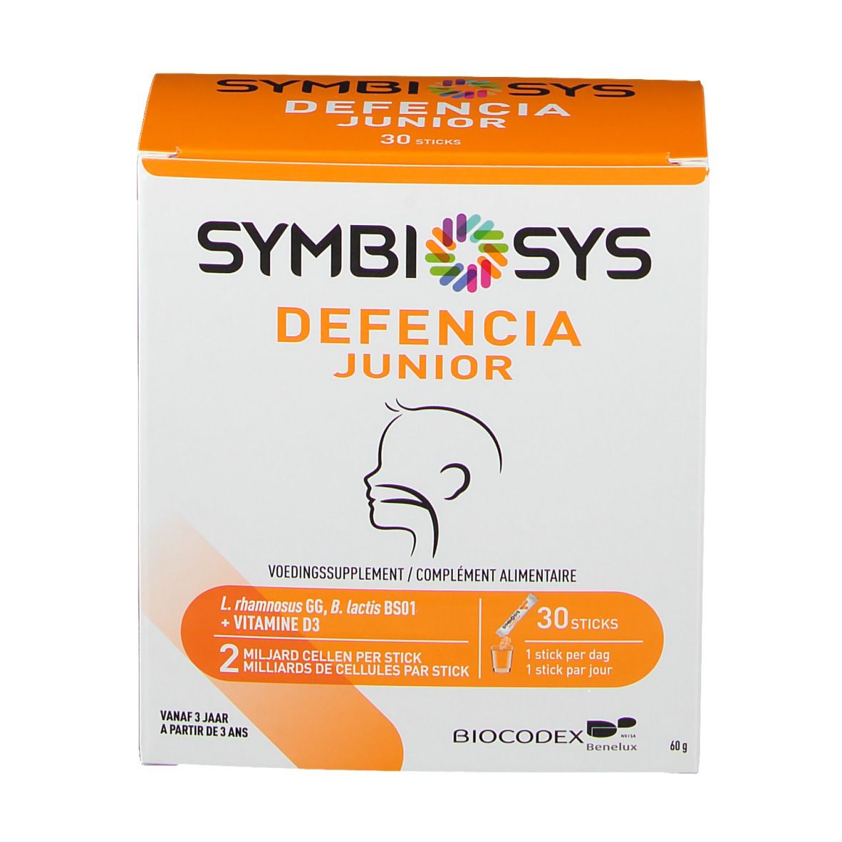 Vue de face de la boîte SYMBIOSYS Defencia Junior. Boîte orange et blanche avec nom et informations. 30 sticks.