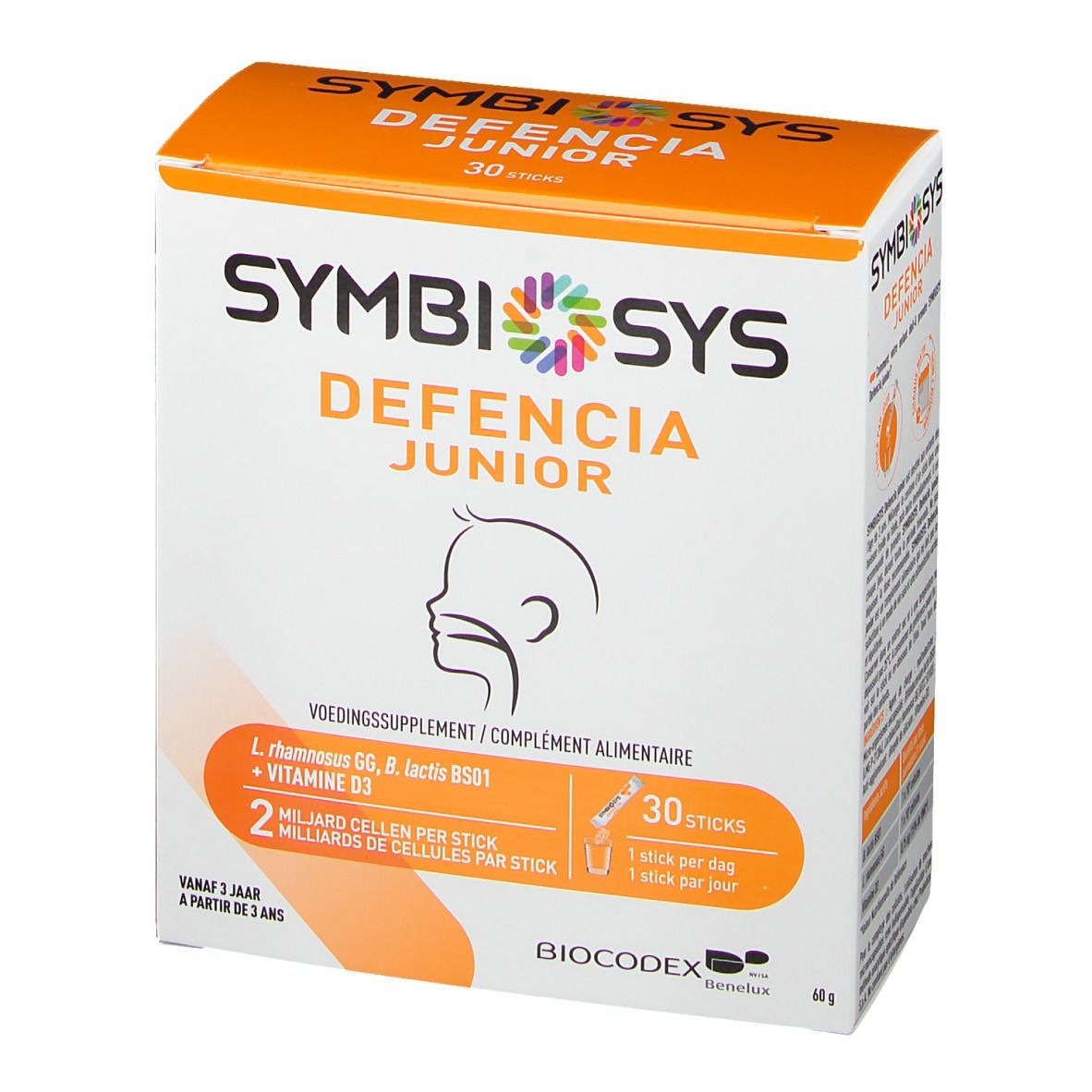 Boîte SYMBIOSYS Defencia Junior. Emballage orange et blanc avec nom du produit et informations. 30 sticks.