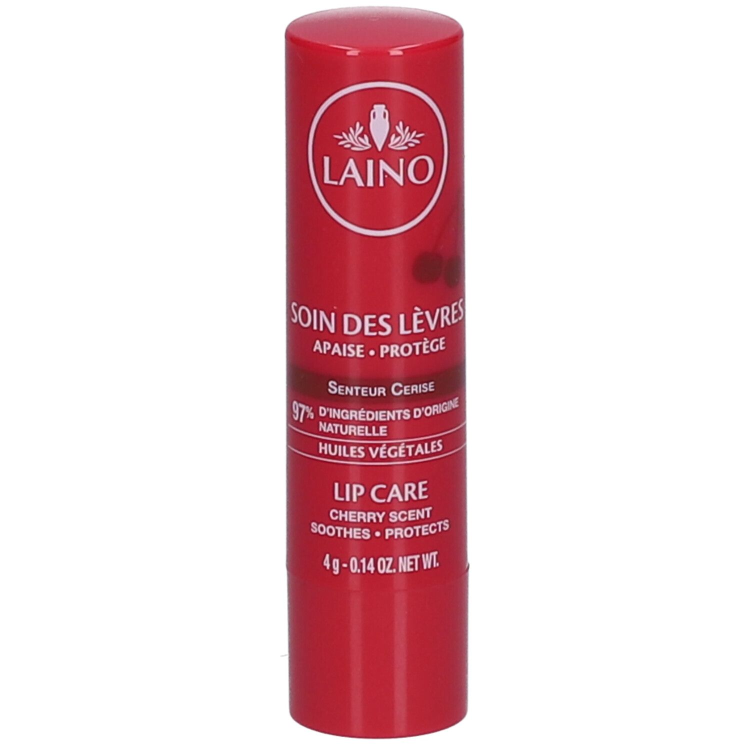 Stick de soin des lèvres rouge. Inscriptions: LAINO, SOIN DES LÈVRES, 97% d'ingrédients d'origine naturelle, LIP CARE, Cherry Scent.