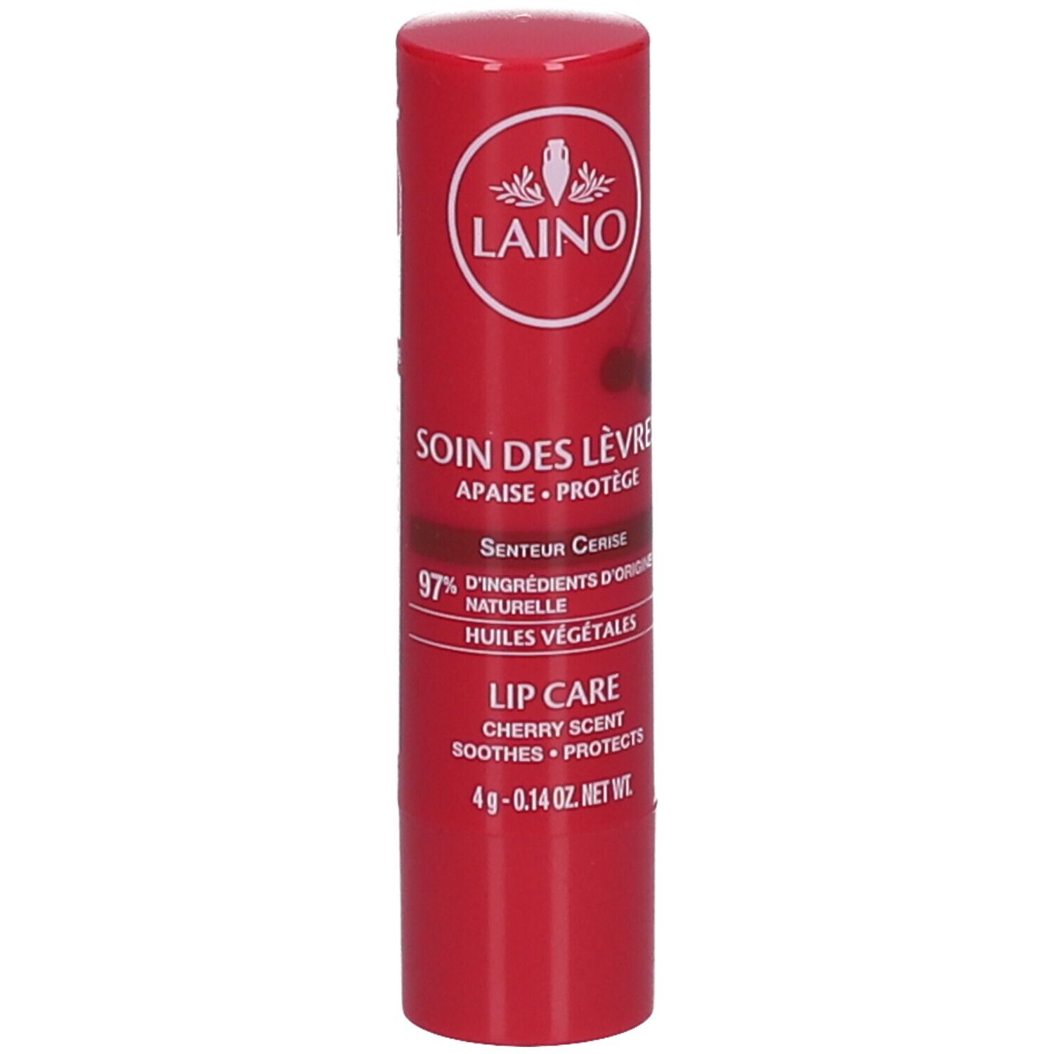 Stick de soin des lèvres rouge. Inscriptions: LAINO, SOIN DES LÈVRES, 97% d'ingrédients d'origine naturelle, LIP CARE, Cherry Scent.