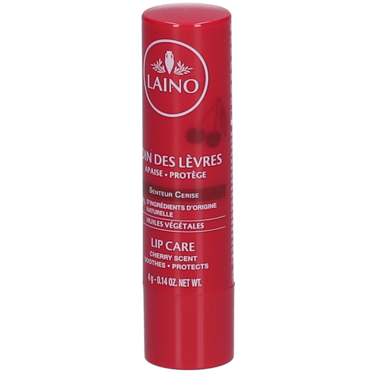 Stick de soin des lèvres rouge. Inscriptions: LAINO, SOIN DES LÈVRES, 97% d'ingrédients d'origine naturelle, LIP CARE, Cherry Scent.