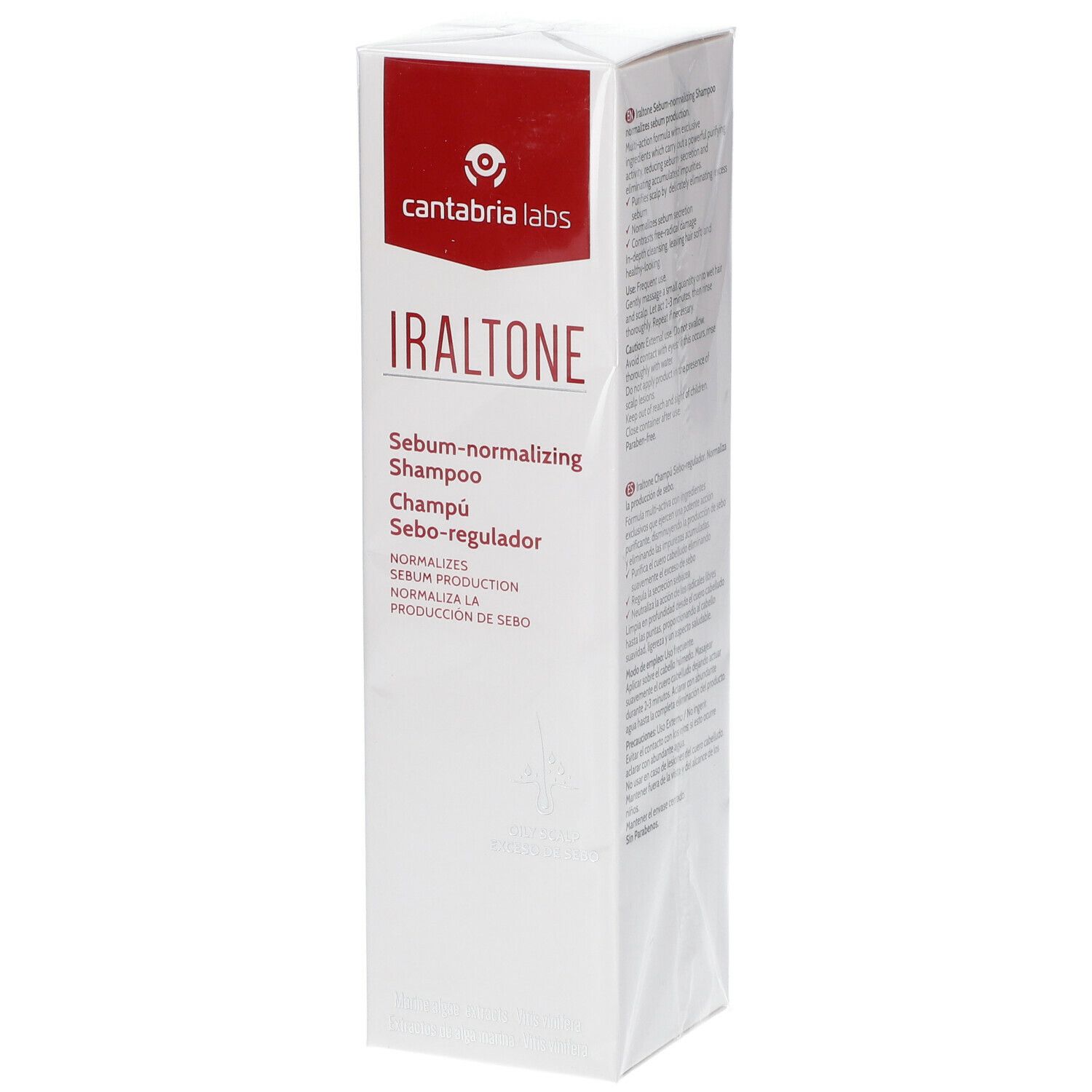 Verpackung von Iraltone Shampoo. Text: Sebum-normalizing Shampoo. Marke Cantabria Labs. Rote und weiße Verpackung.