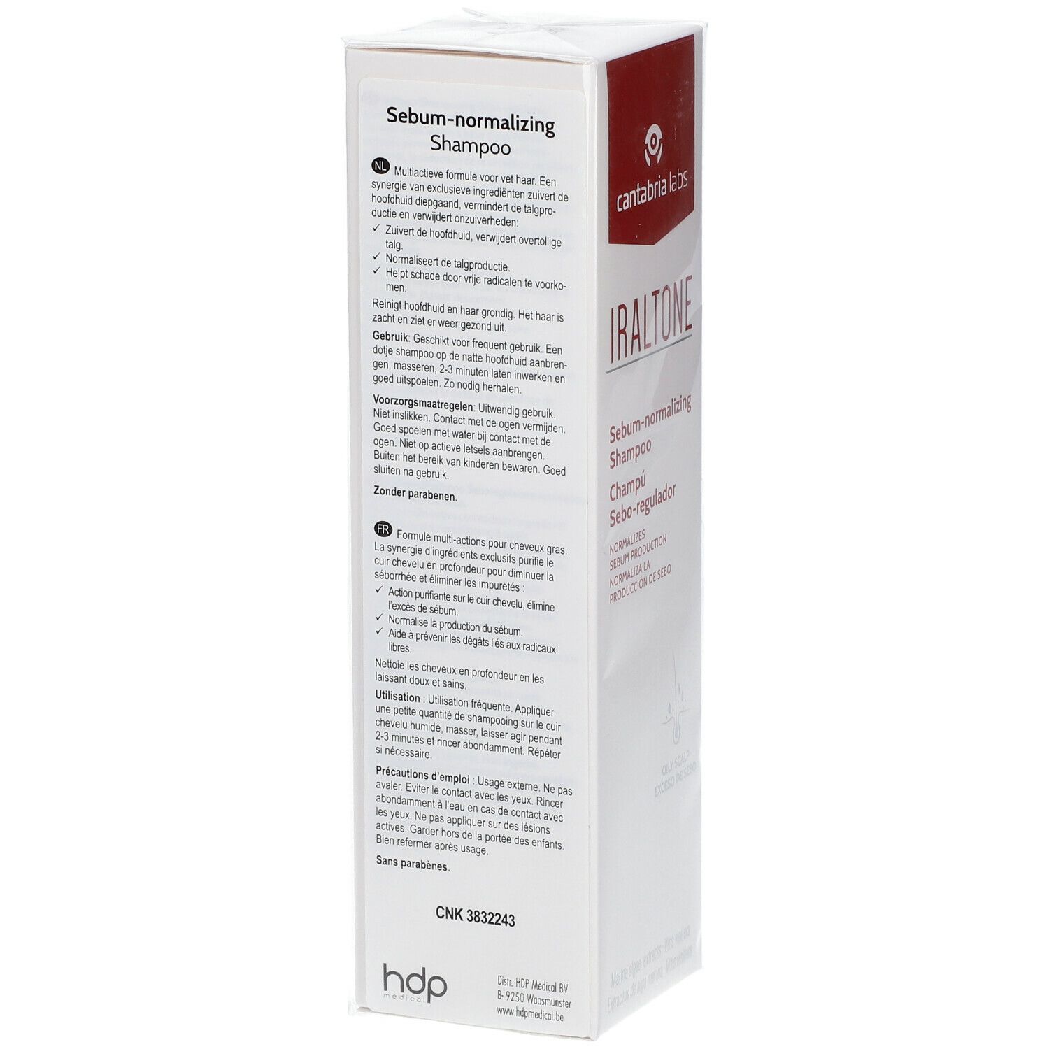 Verpackung von Iraltone Shampoo. Text: Sebum-normalizing Shampoo. Marke Cantabria Labs. Rückseite mit Text in mehreren Sprachen.