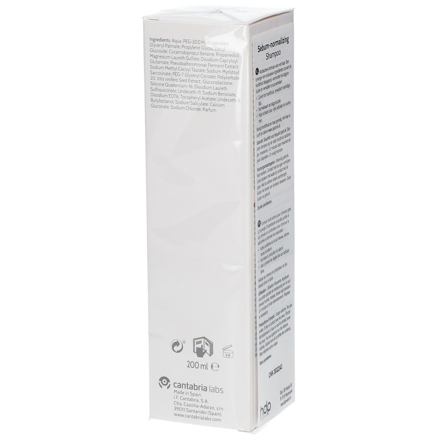 Rückseite der Iraltone Shampoo Verpackung. Text: Inhaltsstoffe, 200 ml. Marke Cantabria Labs. Weiße Verpackung.