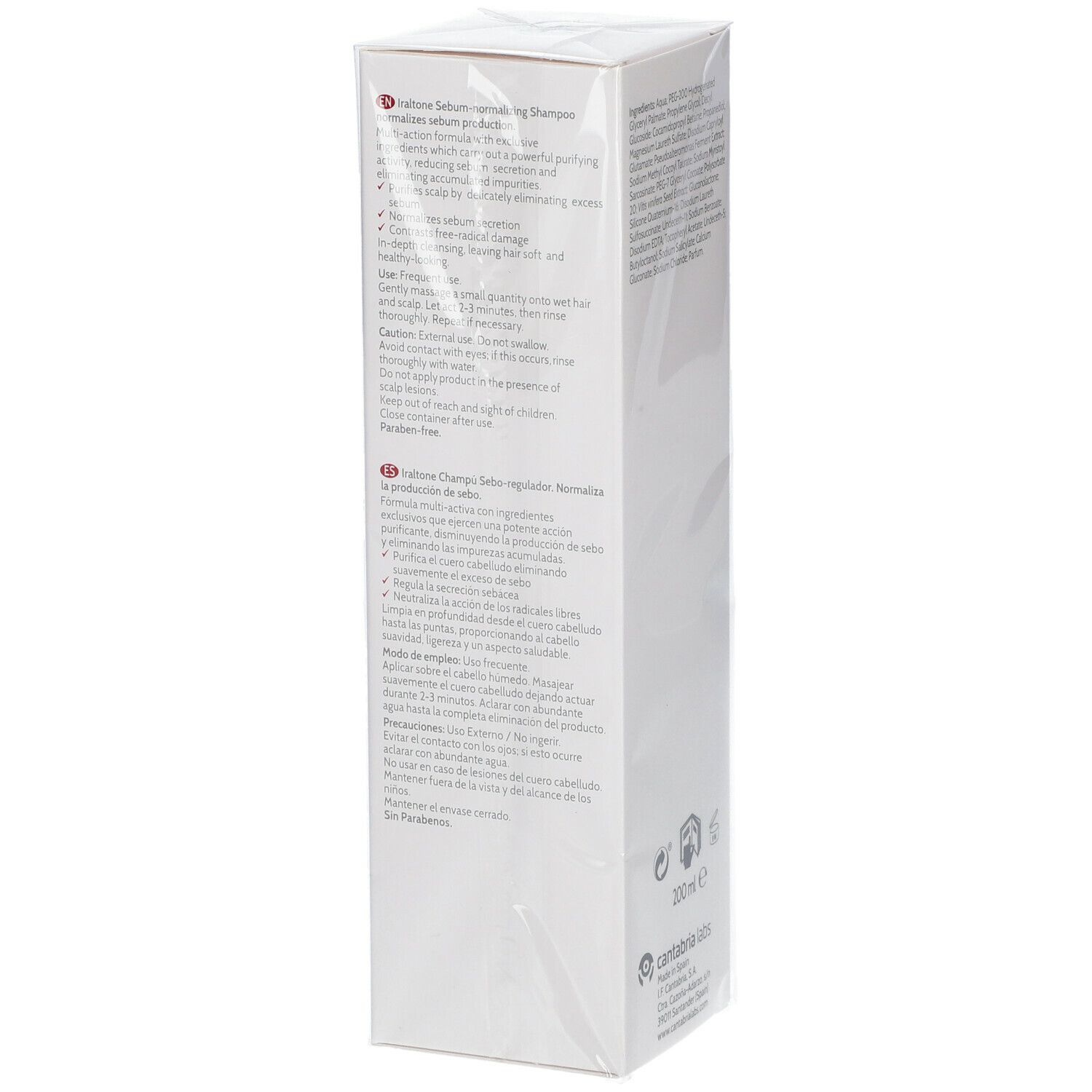 Rückseite der Iraltone Shampoo Verpackung. Text in mehreren Sprachen. Marke Cantabria Labs. Weiße Verpackung.