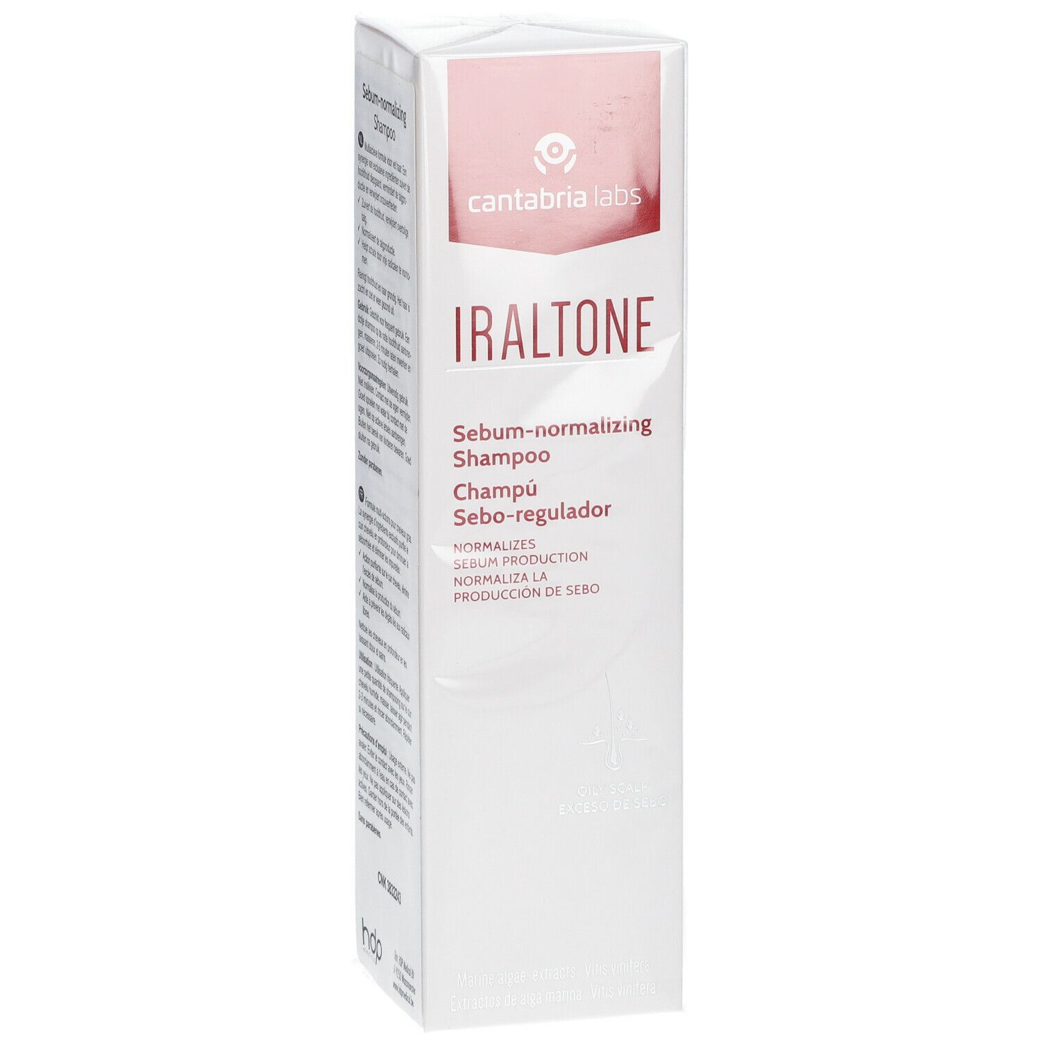 Iraltone Shampoo Verpackung. Text: Sebum-normalizing Shampoo. Marke Cantabria Labs. Rosa und weiße Verpackung.
