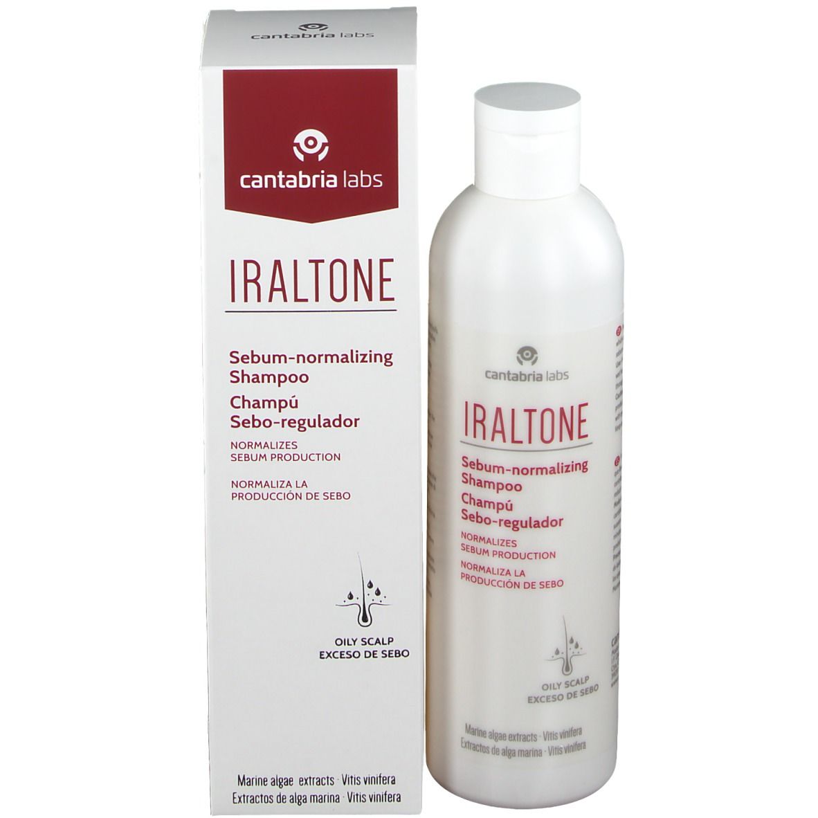 Shampoo-Flasche und Verpackung. Marke Iraltone. Text: Sebum-normalizing Shampoo. Oily Scalp. Mit Meeresalgenextrakten.