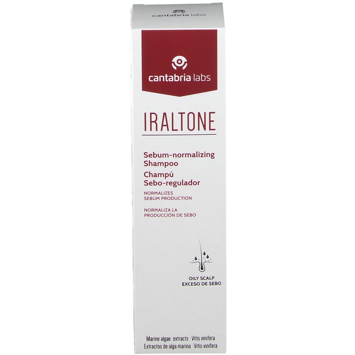 Iraltone Shampoo Verpackung. Text: Sebum-normalizing Shampoo. Marke Cantabria Labs. Weiße Verpackung.