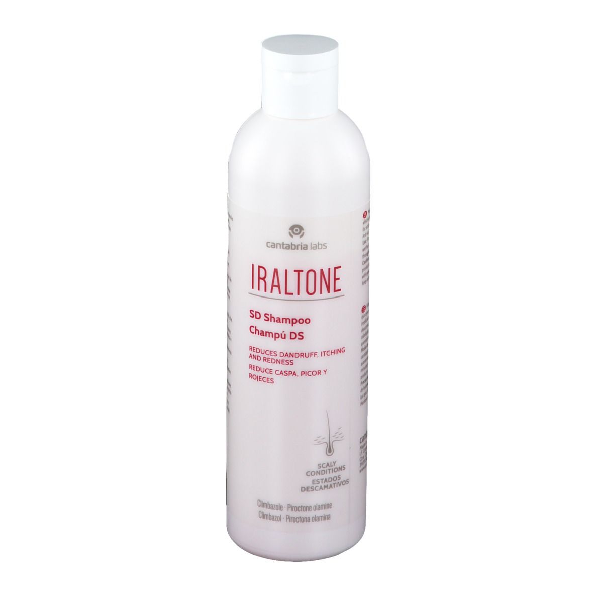 Flacon blanc avec texte rouge. Nom du produit: Iraltone SD Shampoo. Réduit les pellicules, les démangeaisons et les rougeurs. Avec bouchon blanc.
