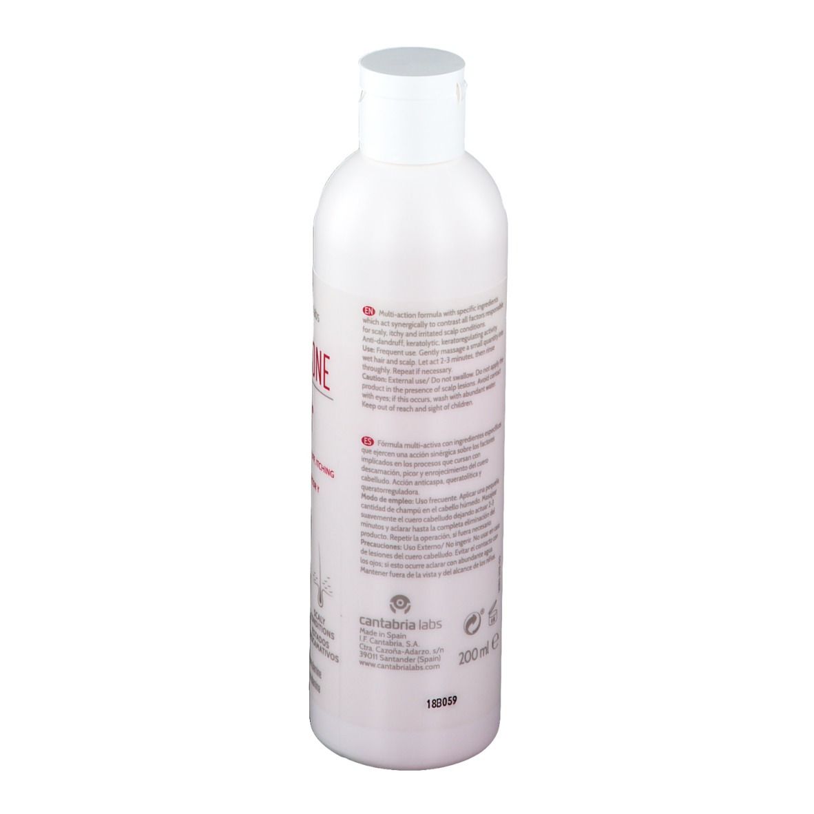 Dos d'un flacon blanc. Texte en plusieurs langues. Nom du produit: Iraltone SD Shampoo. Avec bouchon blanc. 200 ml.