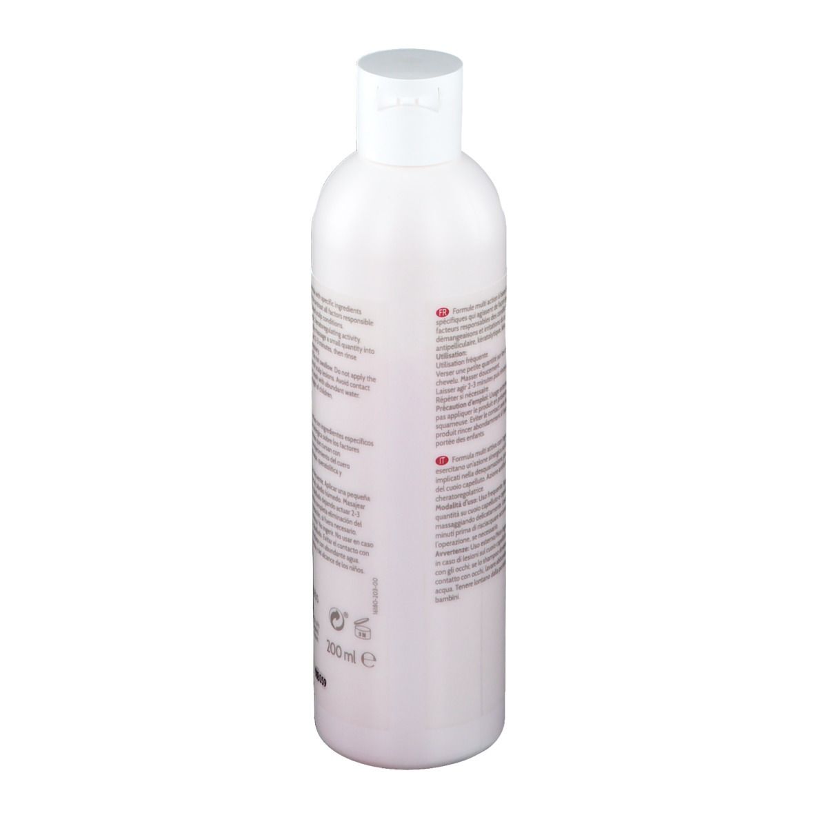 Dos d'un flacon blanc. Texte en plusieurs langues. Nom du produit: Iraltone SD Shampoo. Avec bouchon blanc. 200 ml.