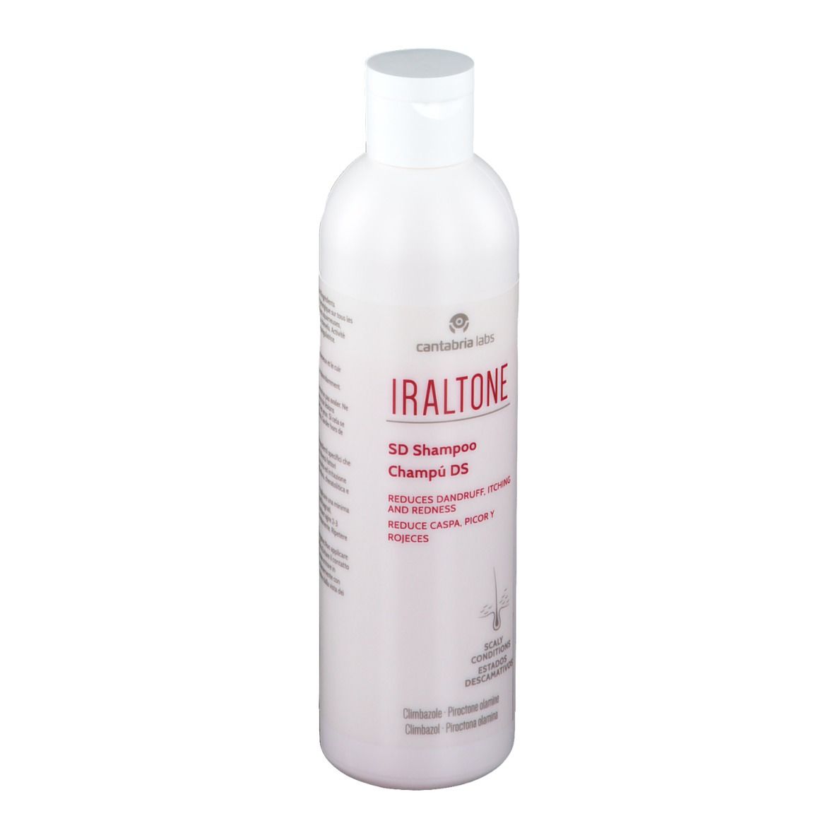 Flacon blanc avec texte rouge. Nom du produit: Iraltone SD Shampoo. Réduit les pellicules, les démangeaisons et les rougeurs. Avec bouchon blanc.