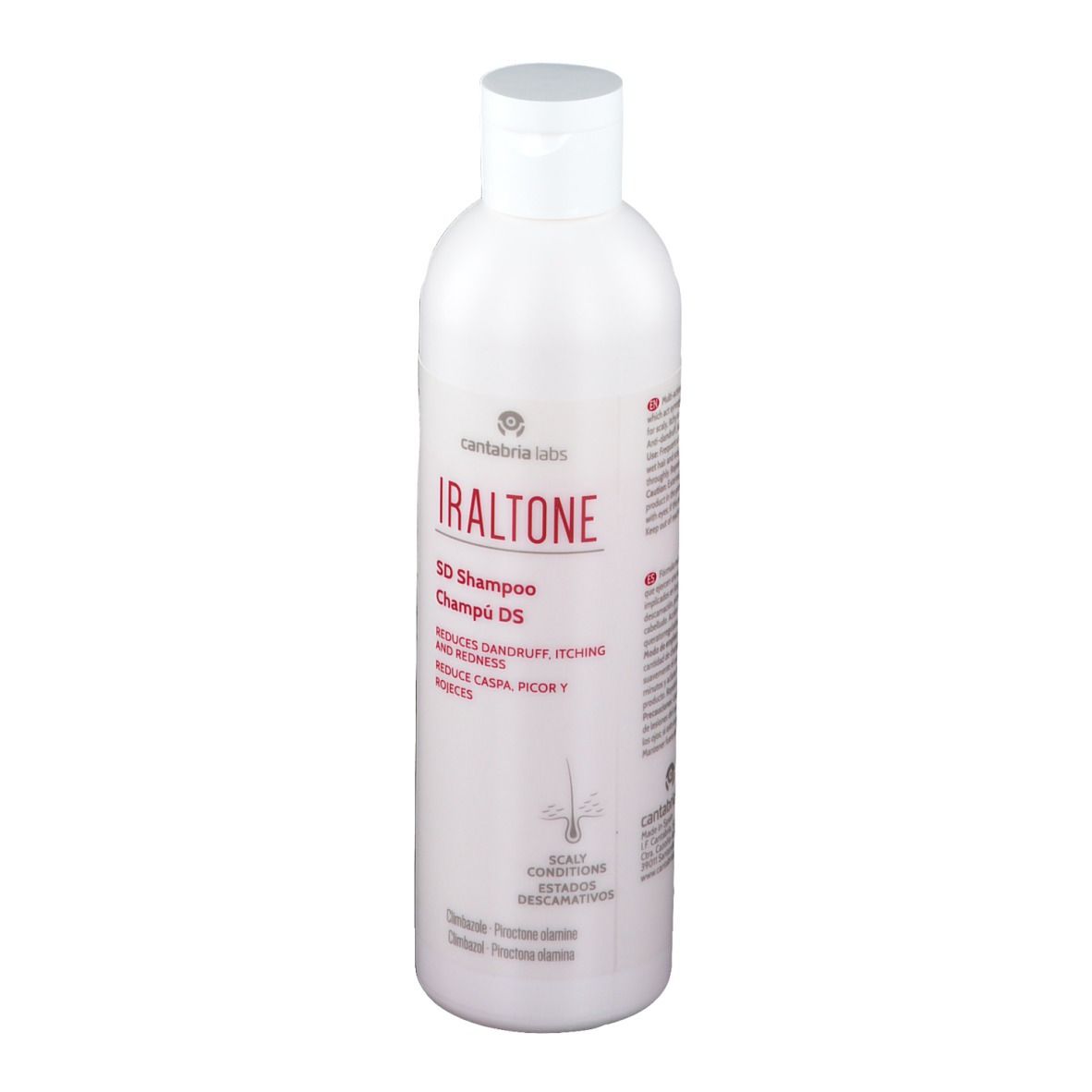 Flacon blanc avec texte rouge. Nom du produit: Iraltone SD Shampoo. Réduit les pellicules, les démangeaisons et les rougeurs. Avec bouchon blanc.