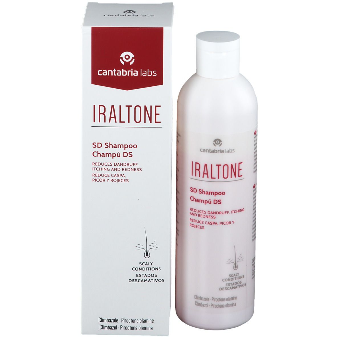 Produit Iraltone SD Shampoo avec emballage. Flacon blanc et boîte avec texte rouge. Réduit les pellicules, les démangeaisons et les rougeurs.