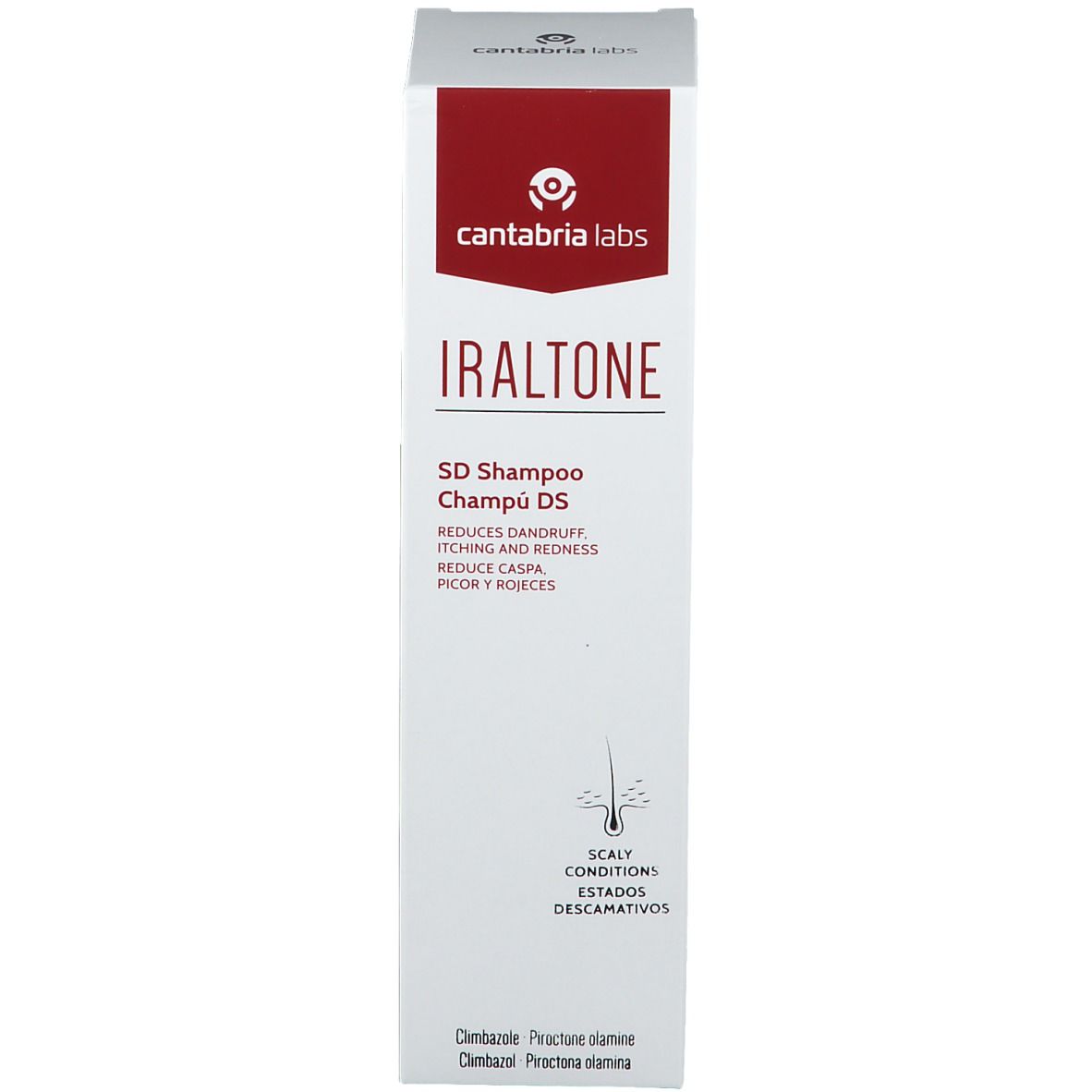 Boîte avec texte rouge. Nom du produit: Iraltone SD Shampoo. Réduit les pellicules, les démangeaisons et les rougeurs. Sur fond blanc.