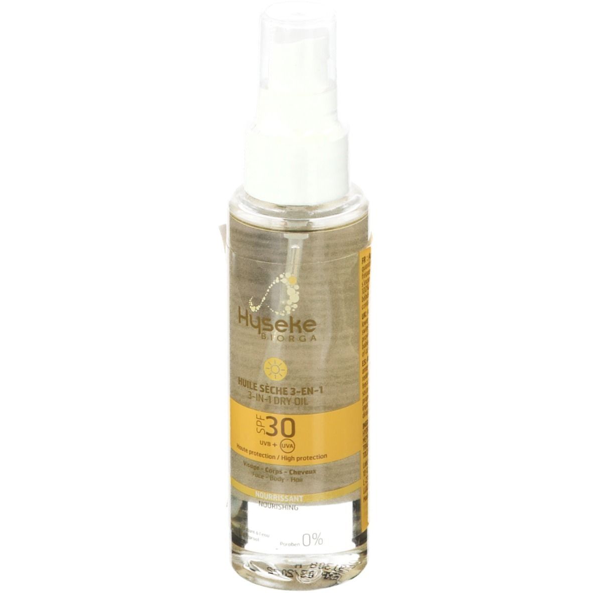Flacon spray transparent avec étiquette jaune. Inscription : Hyseke Biorga, huile, SPF 30.