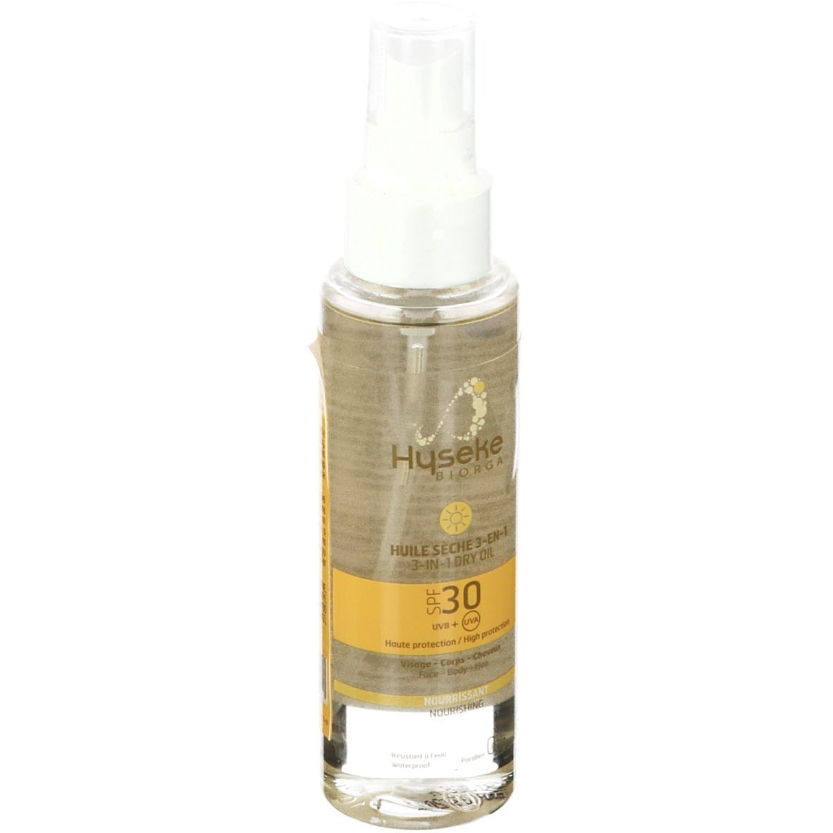 Flacon spray transparent avec étiquette jaune. Inscription : Hyseke Biorga, huile, SPF 30.