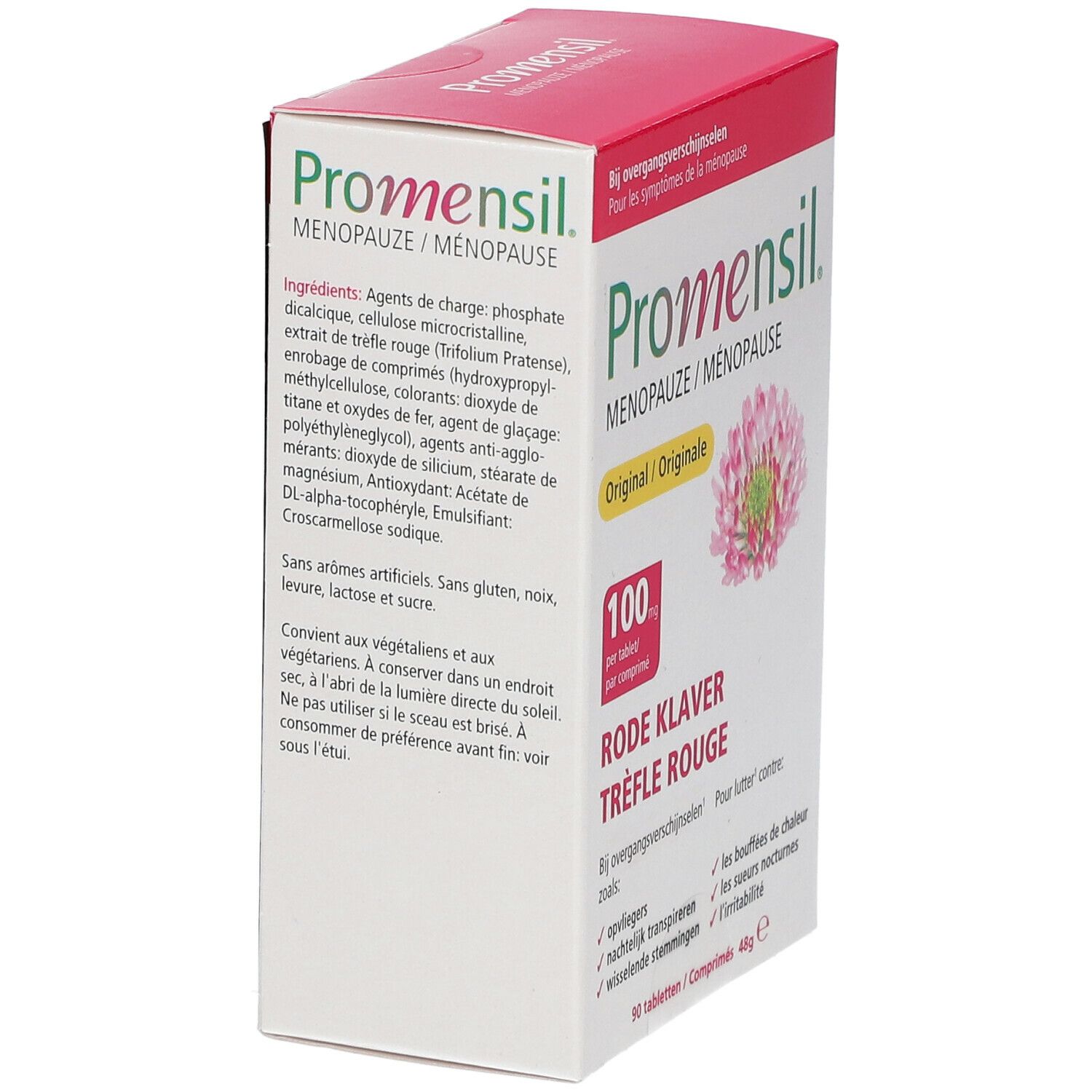 Boîte Promensil Menopause Original. Emballage rouge et blanc avec nom du produit, trèfle et texte.