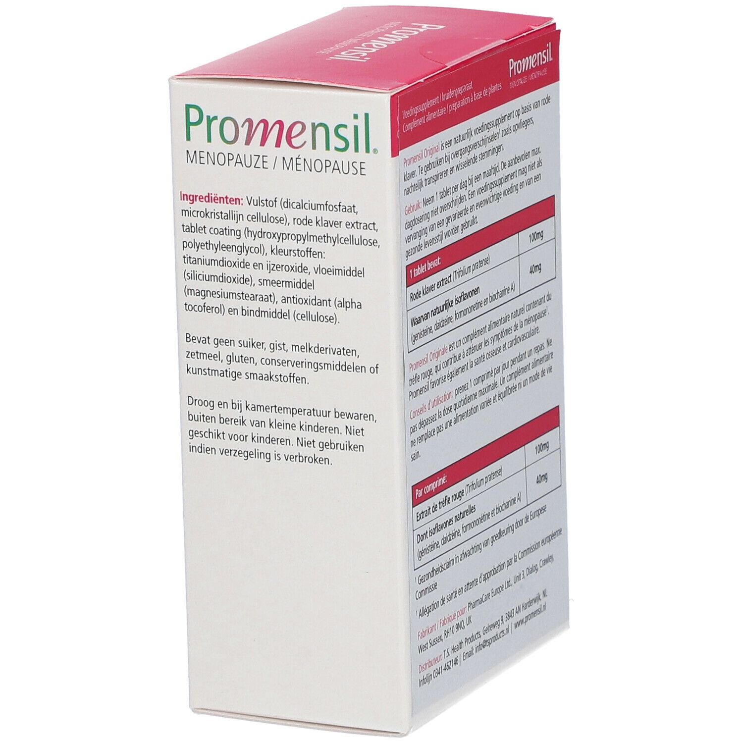 Boîte Promensil Menopause Original. Emballage blanc avec nom du produit et texte. Dos avec ingrédients.
