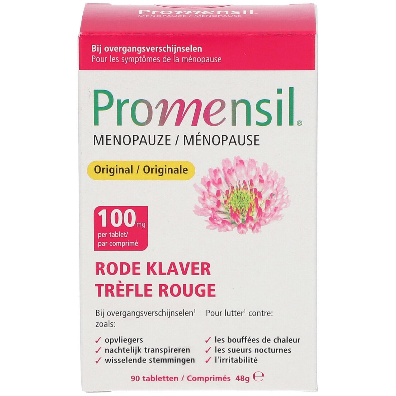 Boîte Promensil Menopause Original. Emballage rouge et blanc avec nom du produit, trèfle et texte.