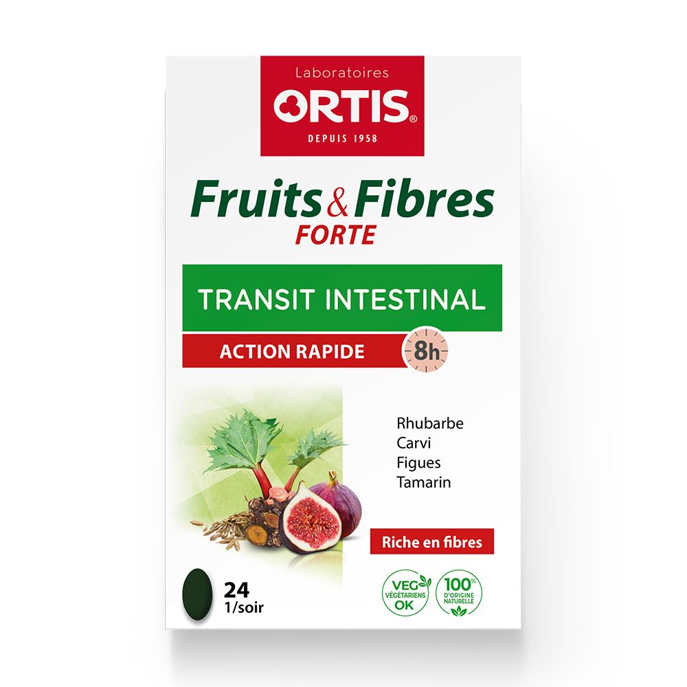 Boîte blanche "Fruits & Fibres Forte". Contient 24 comprimés. Illustrations de fruits et légumes.
