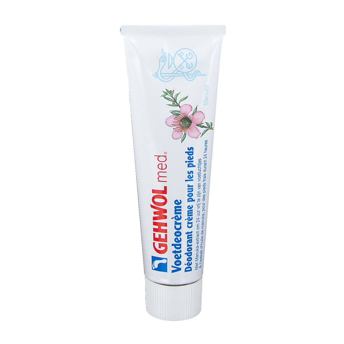 Tube blanche avec texte bleu et rouge. Inscription: GEHWOL med. Voetdeocreme. Illustration d'une fleur.