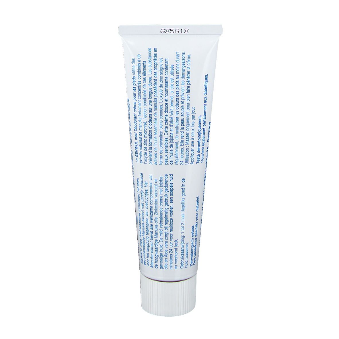 Dos d'un tube blanc. Texte en plusieurs langues. Inscription: Voetdeocreme. Informations du fabricant.