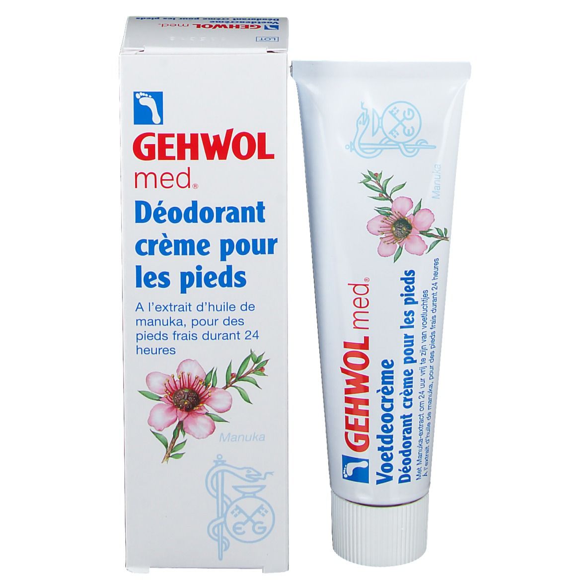 Emballage du produit avec tube. Boîte et tube blancs. Inscription: GEHWOL med. Voetdeocreme. Illustration d'une fleur.