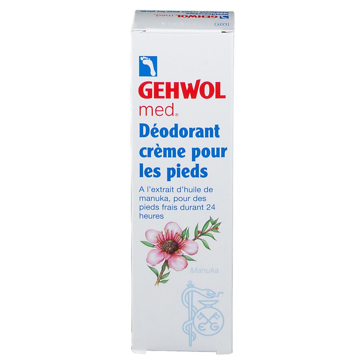 Boîte blanche avec texte bleu et rouge. Inscription: GEHWOL med. Voetdeocreme. Illustration d'une fleur.