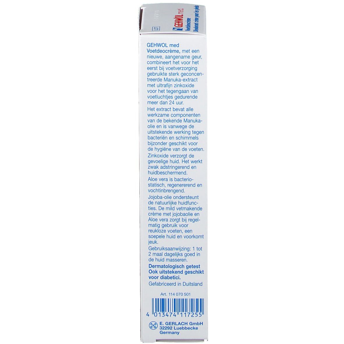 Boîte avec texte en plusieurs langues. Inscription: GEHWOL med. Voetdeocreme. Informations du fabricant. Code-barres.