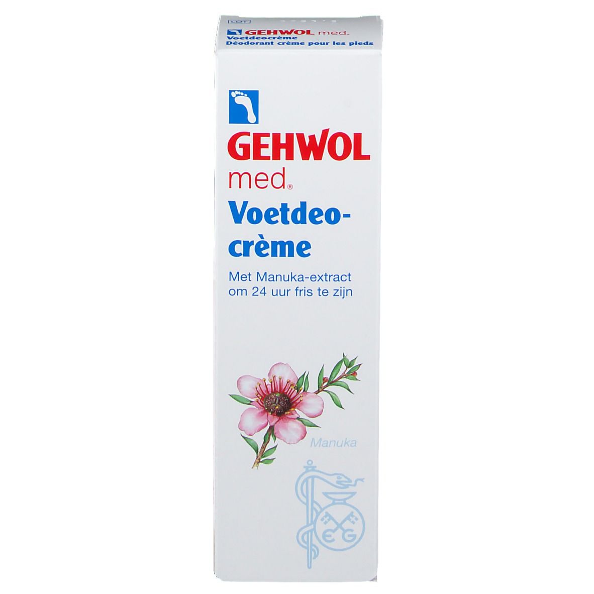 Boîte blanche avec texte bleu et rouge. Inscription: GEHWOL med. Voetdeocreme. Illustration d'une fleur.