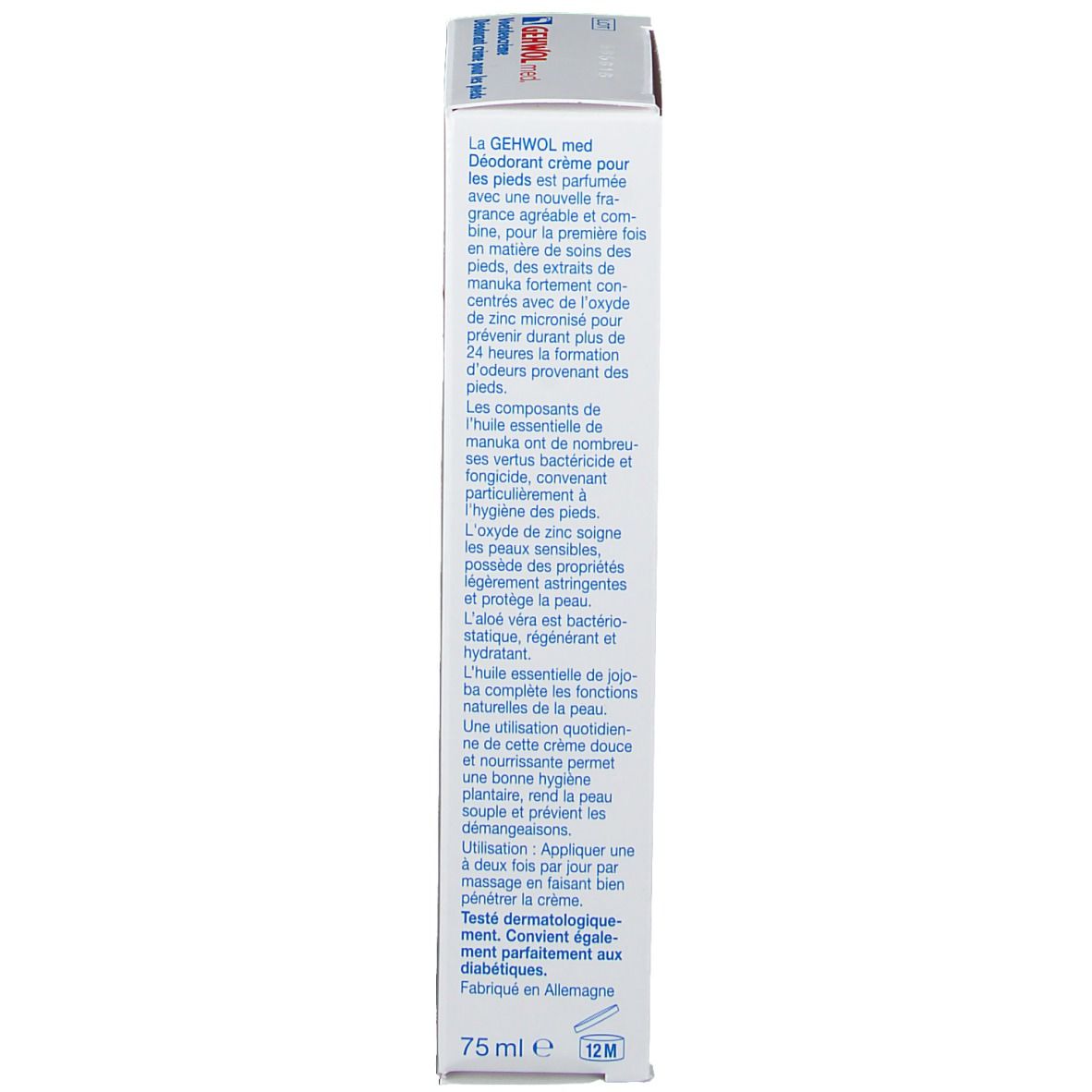 Côté d'une boîte blanche. Texte en plusieurs langues. Inscription: GEHWOL med. Voetdeocreme. 75 ml.