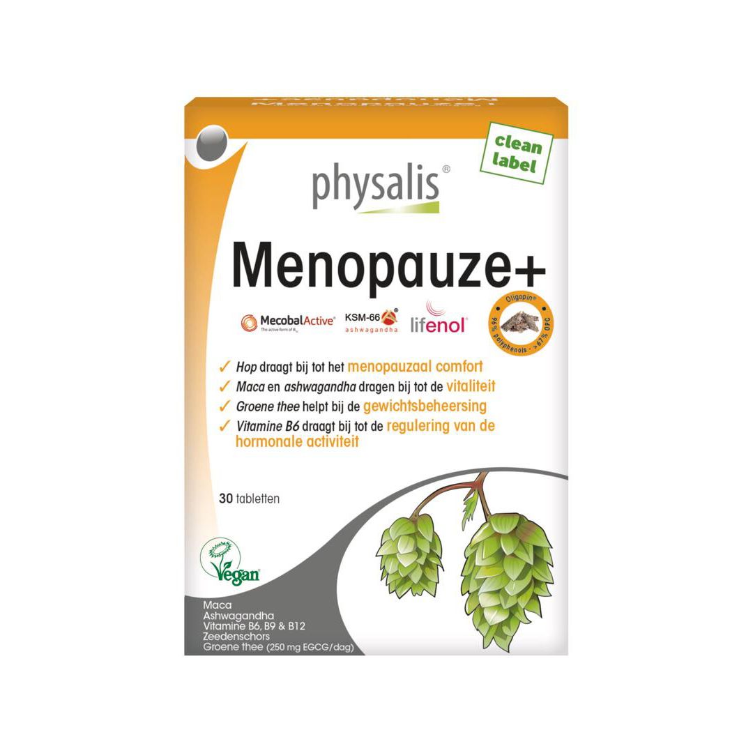 Verpakking Physalis® Menopause+ met ingrediënten en informatie. 30 tabletten, vegan.