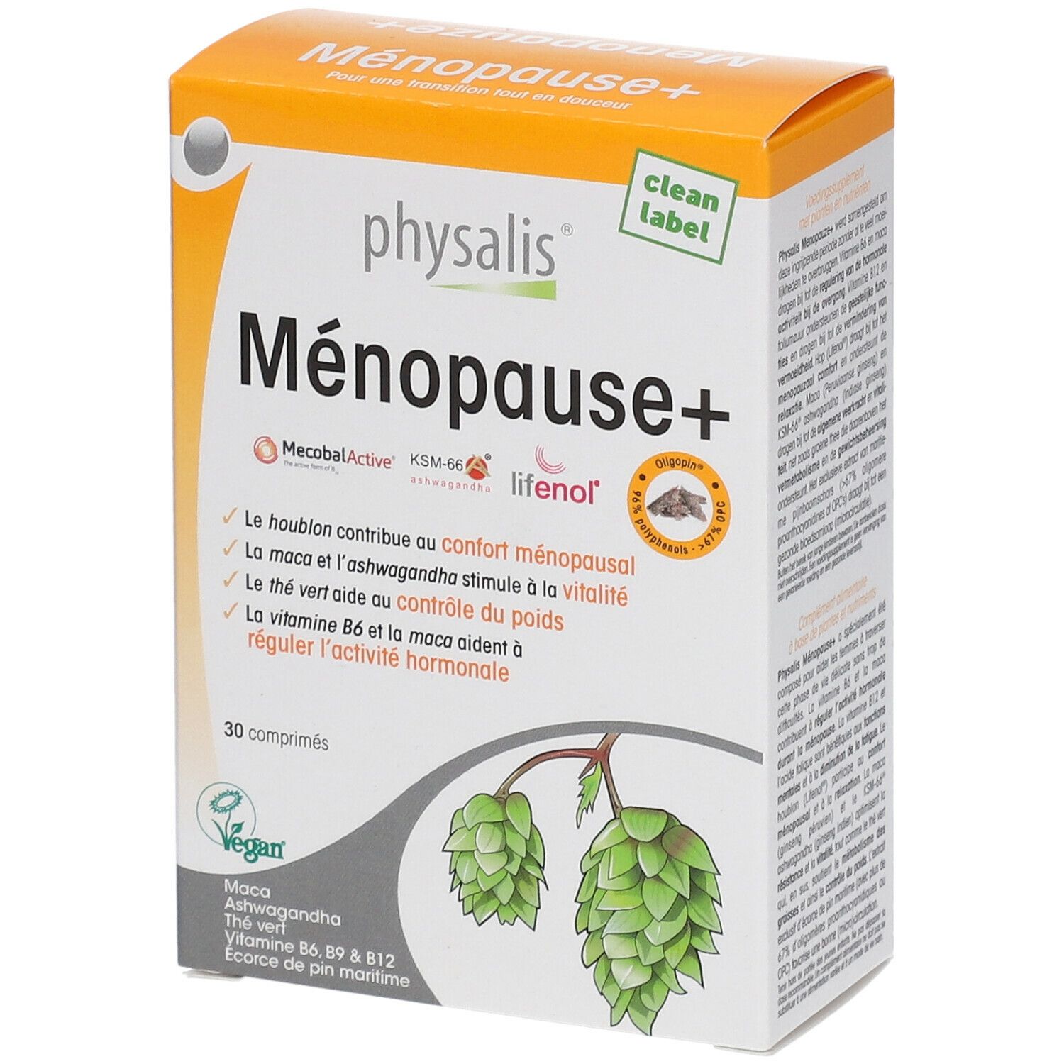 Verpakking Physalis® Menopause+ met ingrediënten en informatie. 30 tabletten, vegan.