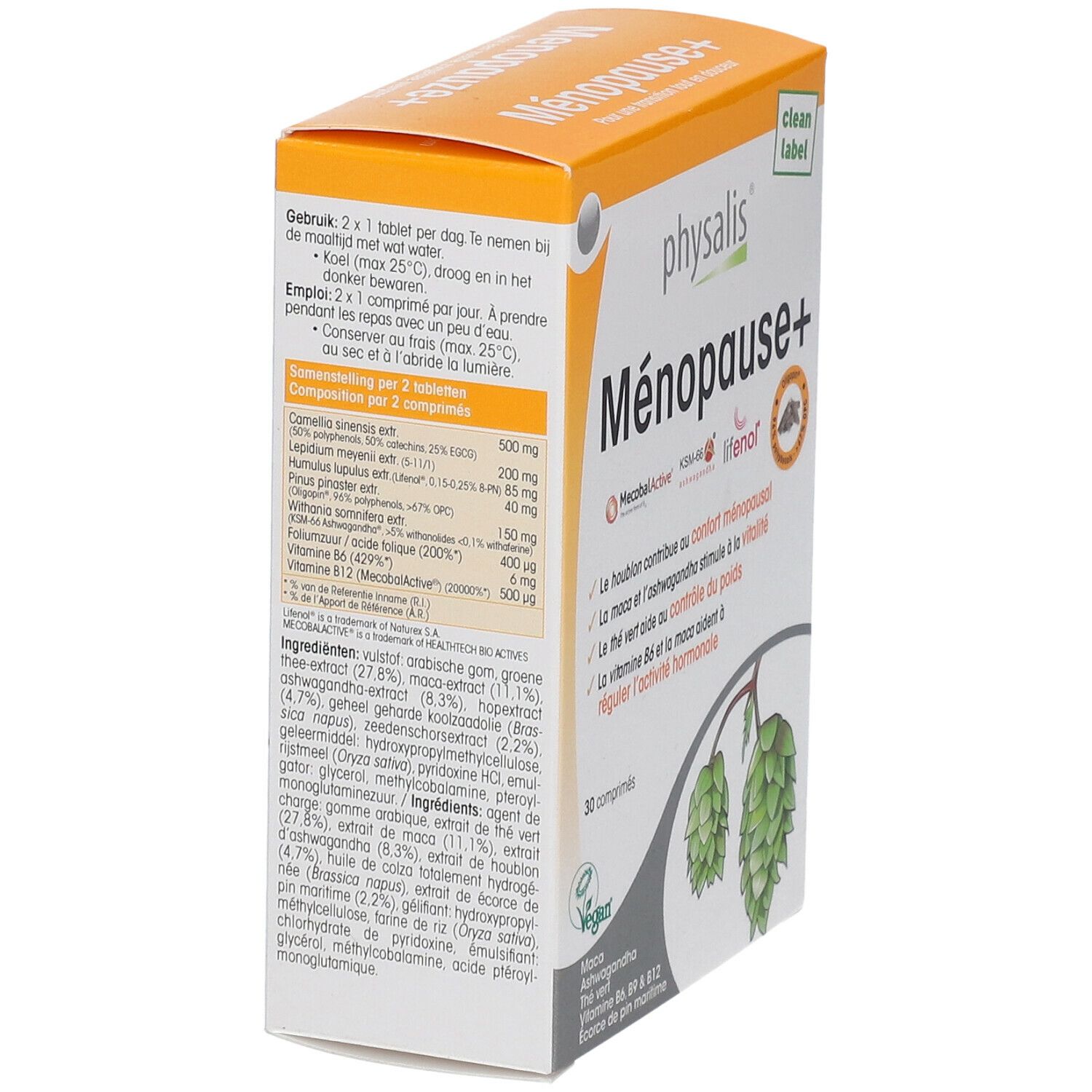 Achterkant verpakking Physalis® Menopause+ met ingrediënten en dosering. Vegan.
