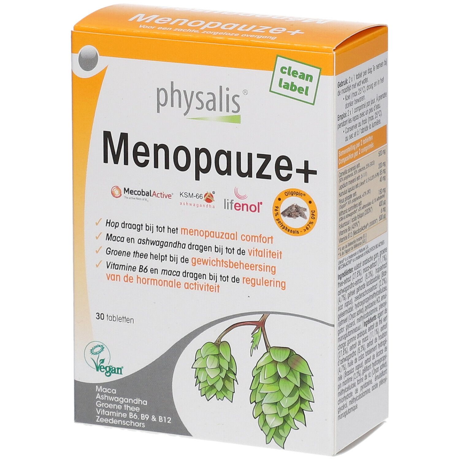 Verpakking Physalis® Menopause+ met ingrediënten en informatie. 30 tabletten, vegan.